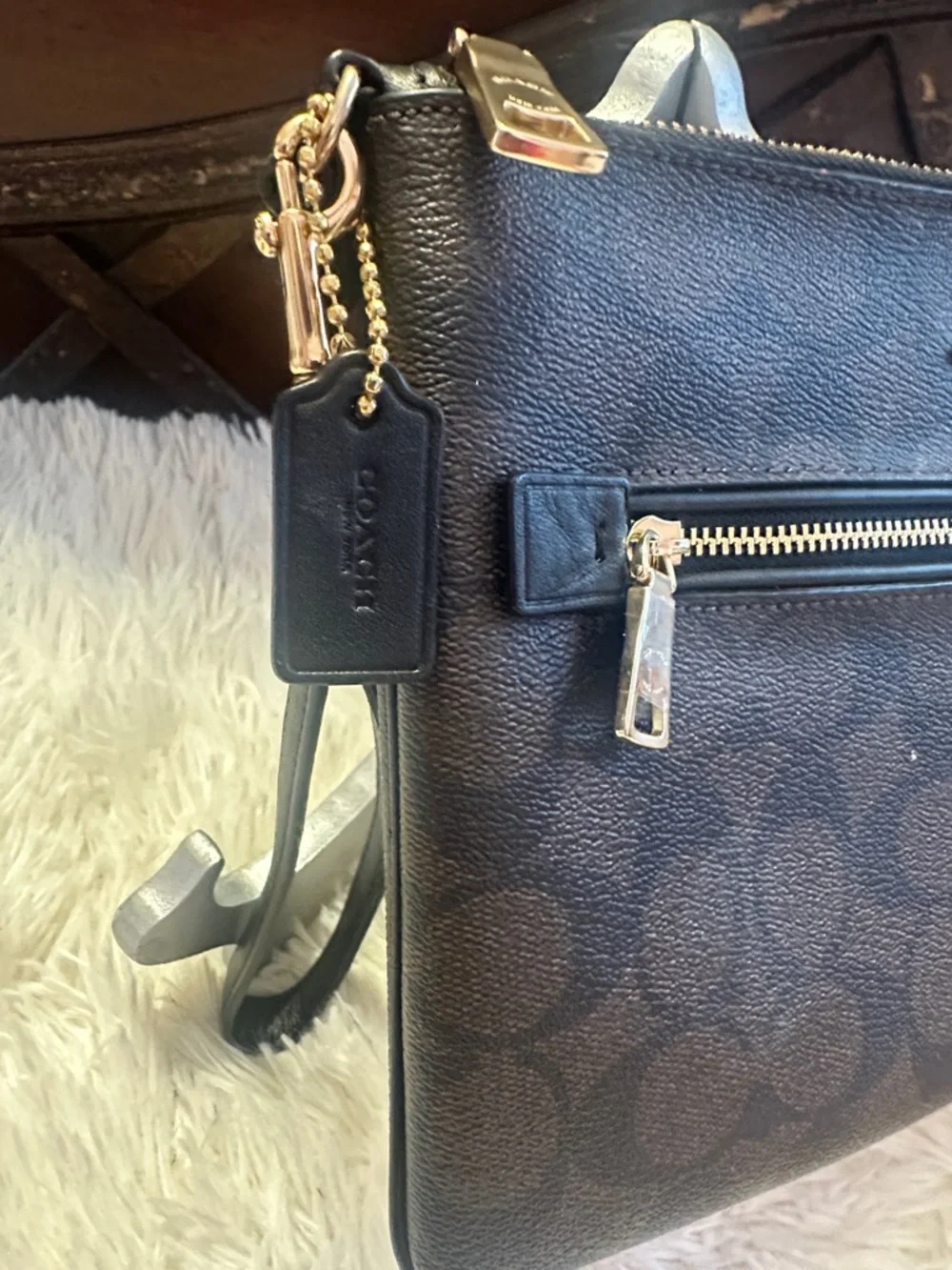 COACH Brown Signature Zip Wristlet with Gold Hardware